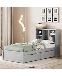 Rainsken Twin Storage Bed, with Bookcase Headboard and 2 Drawers, Built-in Usb Port, for Kids Teens Adults, No Box Spring Needed