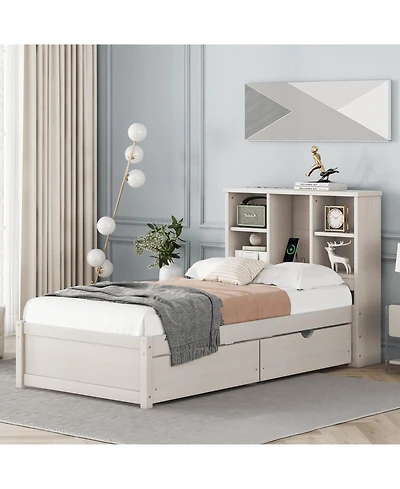Rainsken Twin Storage Bed, with Bookcase Headboard and 2 Drawers, Built-in Usb Port, for Kids Teens Adults, No Box Spring Needed