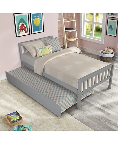 Rainsken Twin Bed with Trundle, Wood Platform Frame Headboard and Footboard, No Box Spring Needed for Kids Boys Girls Teens