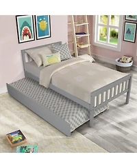 Rainsken Twin Bed with Trundle, Wood Platform Frame Headboard and Footboard, No Box Spring Needed for Kids Boys Girls Teens