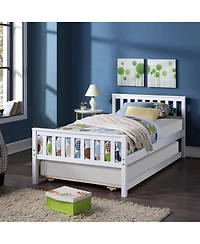 Rainsken Twin Bed with Trundle, Wood Platform Frame Headboard and Footboard, No Box Spring Needed for Kids Boys Girls Teens
