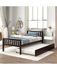 Rainsken Twin Bed with Trundle, Wood Platform Frame Headboard and Footboard, No Box Spring Needed for Kids Boys Girls Teens