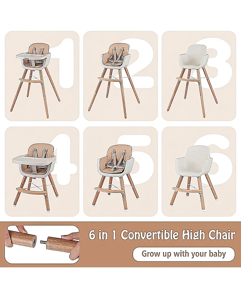 Gouun Baby 6-in-1 Convertible Wooden High Chair with Detachable Legs