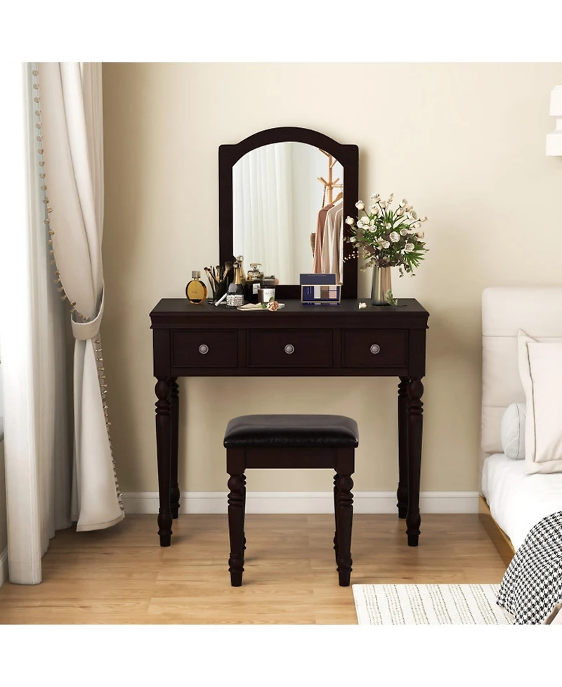 Gouun Wood Makeup Vanity Table and Stool Set with Lighted Mirror