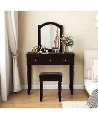 Gouun Wood Makeup Vanity Table and Stool Set with Lighted Mirror