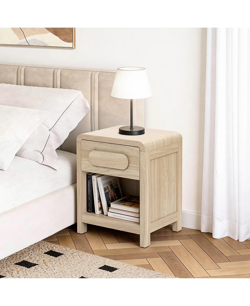 LuxenHome Nightstand with Storage, End Table with Light Wood Finish, Drawer and Open Shelf