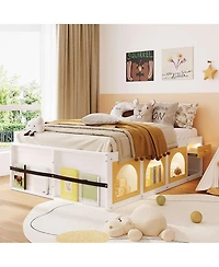 Rainsken Full Size Platform Bed, Modern Wooden Bed Frame with Bookshelf, Side Display Cabinet, Led Light and Storage Drawer for Kids and Teens