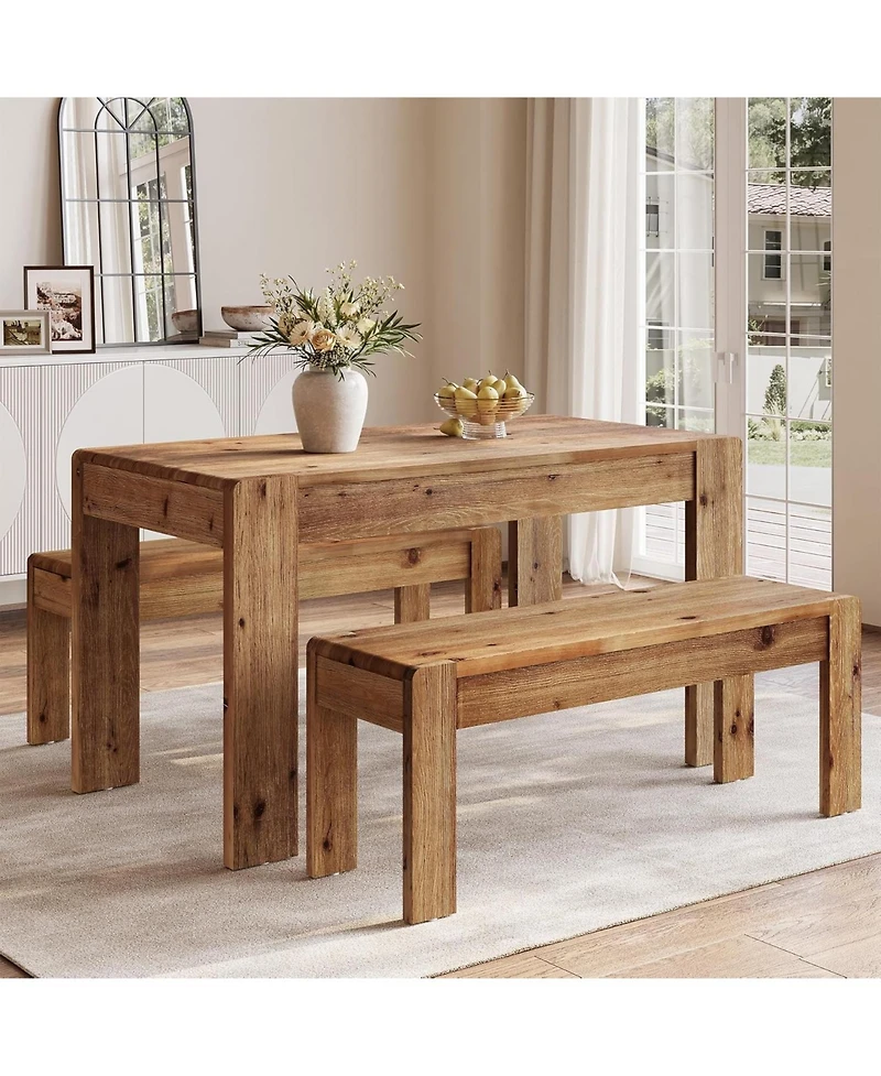 Tribesigns Solid Wood Dining Table Set for 4-6, 55" Dining Table with 2 Benches, Farmhouse Kitchen Table Set with Sturdy Legs, Dining Room Table Set