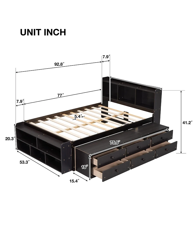 Sailvan Full Platform Bed Frame with Bookcase Headboard, 6 Storage Drawers and End Case