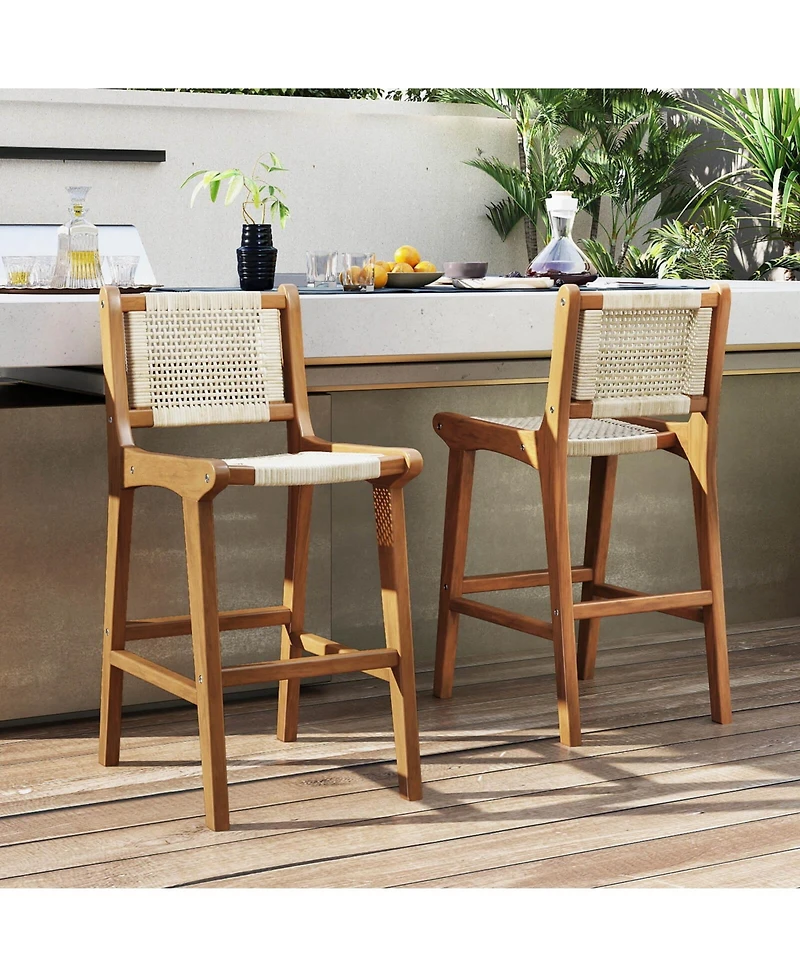 Outdoor Counter Height Bar Stool with Teak Wood Frame Back andFootrest for Balcony