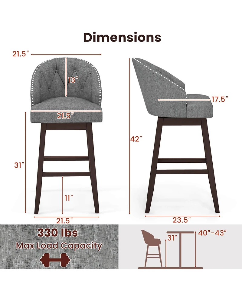 Costway 31" Bar Stools Set of 4 with Rubber Wood Frame Swivel Seat Footrest and Rivet