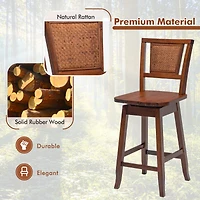 Set of 2 Swivel Bar Stools Counter Height Rubber Wood Pub Chairs w/ Rattan Back