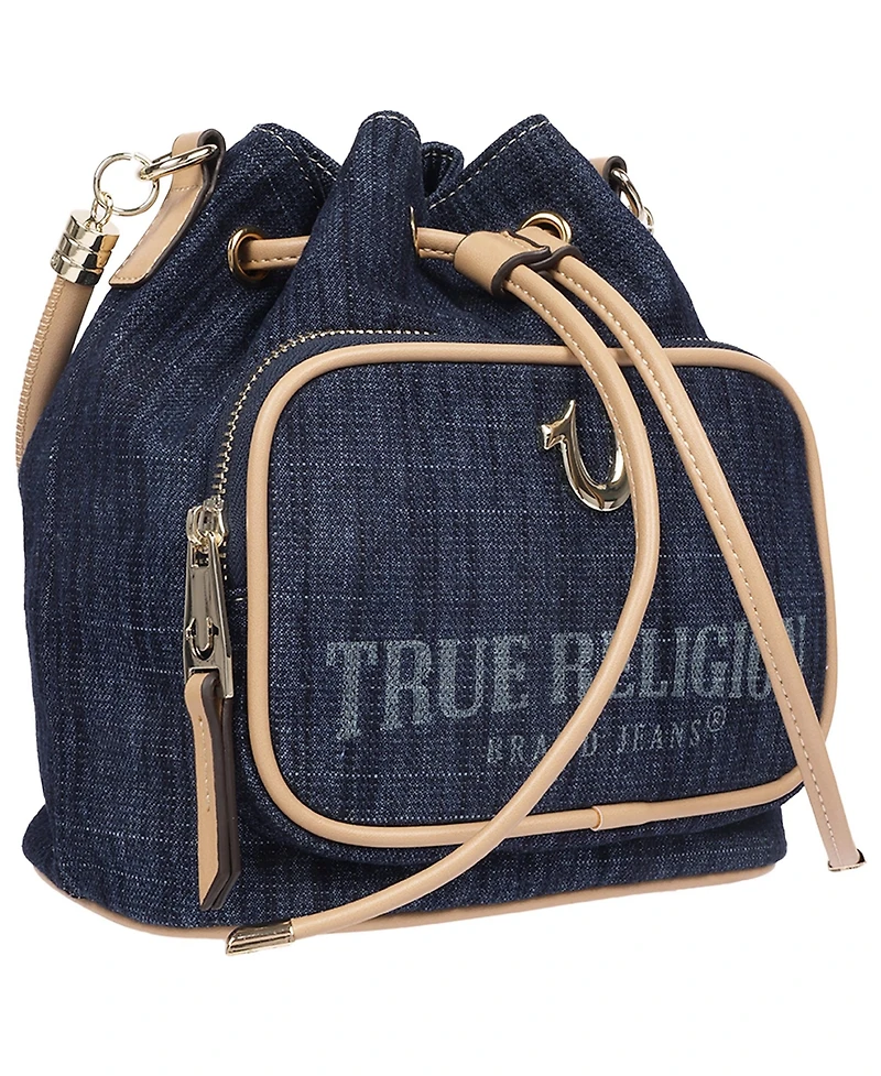 True Religion Bryce Denim and Pu Bucket Bag - Women s Designer Drawstring Bucket Handbag with Crossbody Strap