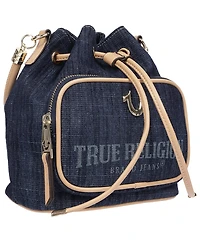 True Religion Bryce Denim and Pu Bucket Bag - Women s Designer Drawstring Bucket Handbag with Crossbody Strap