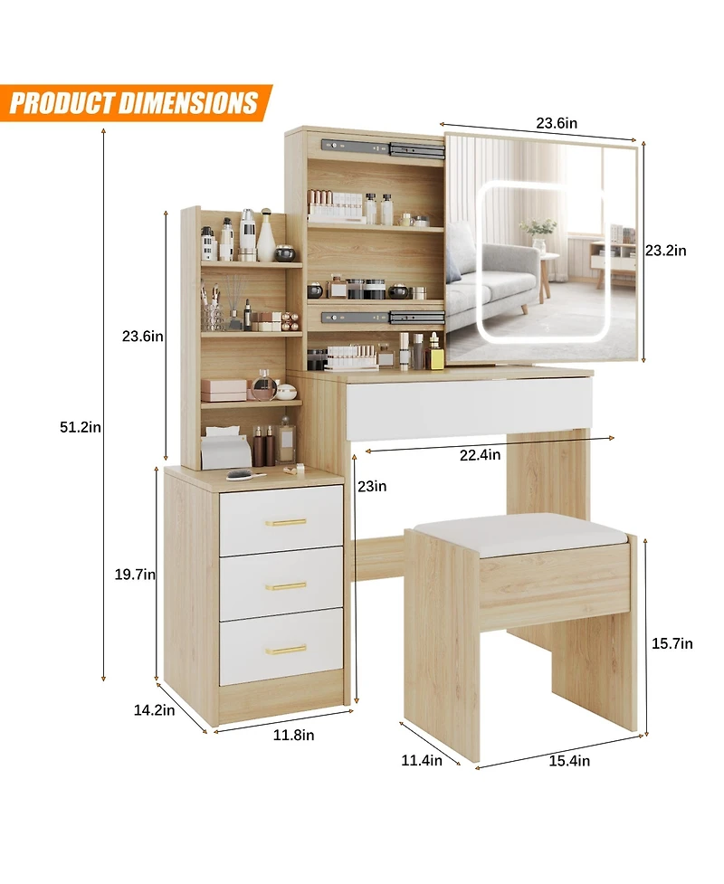 Homfan Modern Vanity Desk with Sliding Led Mirror, 4 Drawers, Power Outlet, Storage Shelves, Adjustable Lighting, Cushioned Stool