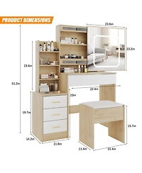 Homfan Modern Vanity Desk with Sliding Led Mirror, 4 Drawers, Power Outlet, Storage Shelves, Adjustable Lighting, Cushioned Stool