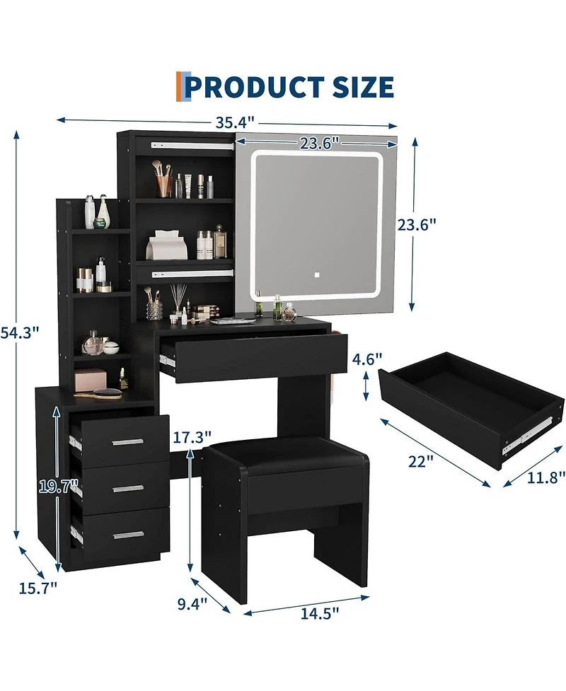 gaomon Vanity Set with Sliding Mirror,3-Level Dimmable Lighting, Stool,Power Outlet,HairdryerHolder,Storage Cabinet Open Shelves & 4 Drawers