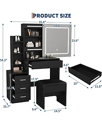 gaomon Vanity Set with Sliding Mirror,3-Level Dimmable Lighting, Stool,Power Outlet,HairdryerHolder,Storage Cabinet Open Shelves & 4 Drawers