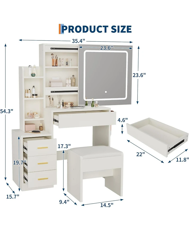 gaomon Vanity Set with Sliding Mirror,3-Level Dimmable Lighting, Stool,Power Outlet,HairdryerHolder,Storage Cabinet Open Shelves & 4 Drawers