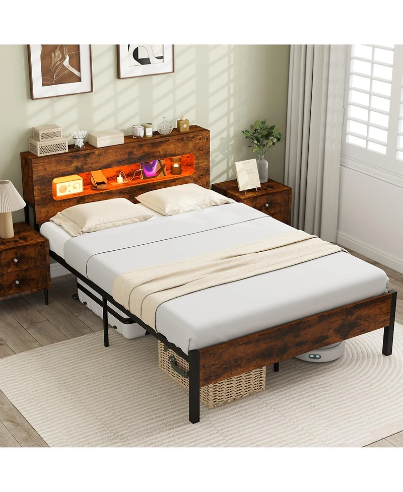 Slickblue Bed Frame with Slatted Base, Led Lighting and Storage Headboard Design