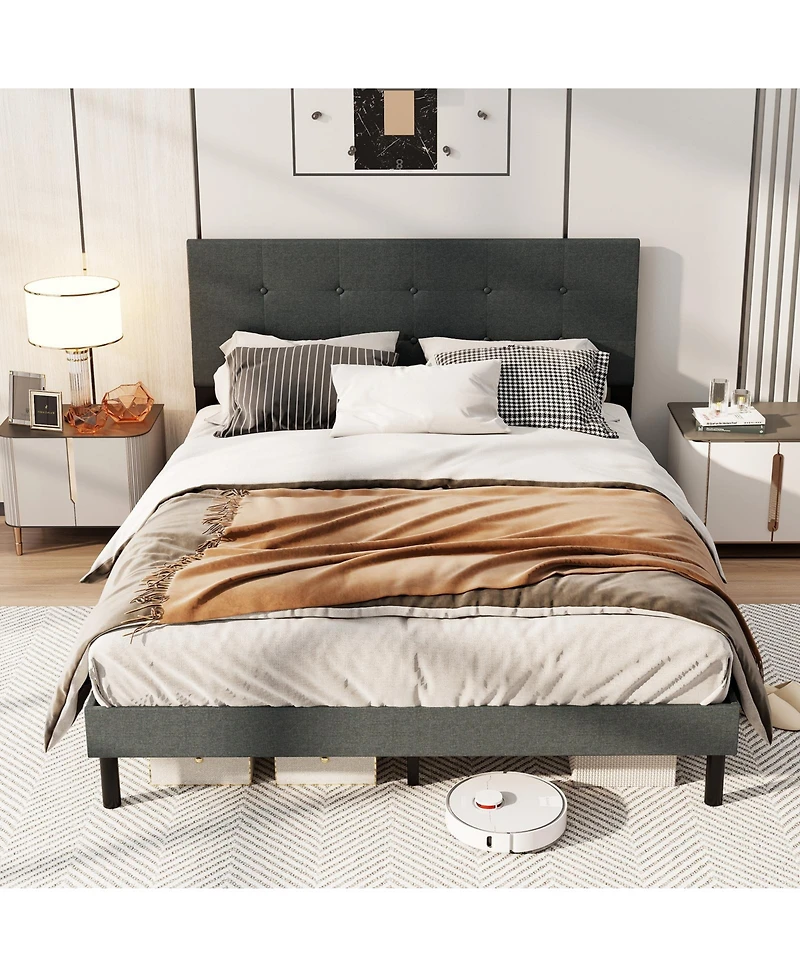 Slickblue Linen Upholstered Platform Bed Frame for Bedroom, Minimalist Modern Bed Design