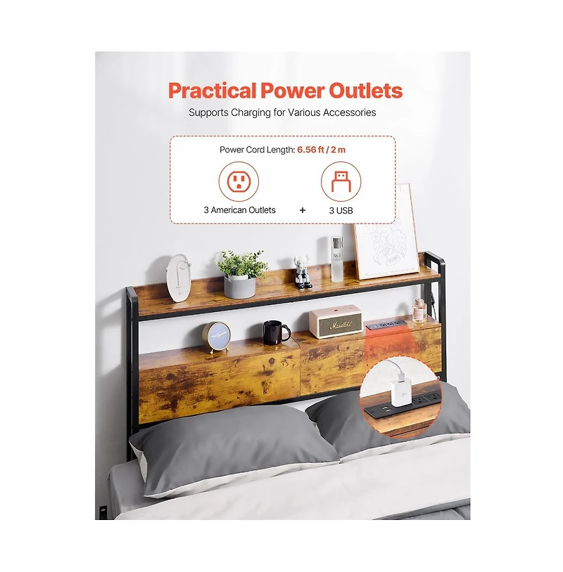 Sugift Full Size Headboard with Led Lights and 2 Storage Shelves, Freestanding Headboard with Charging Station for Various Bed Frames