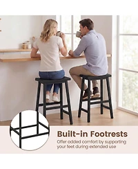 Gymax Solid Wood Saddle Bar Stools Set of Backless Wooden Barstools with Footrests