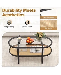 Sugift 2-Tier Coffee Table with Tempered Glass Tabletop and Acacia Wood Frame