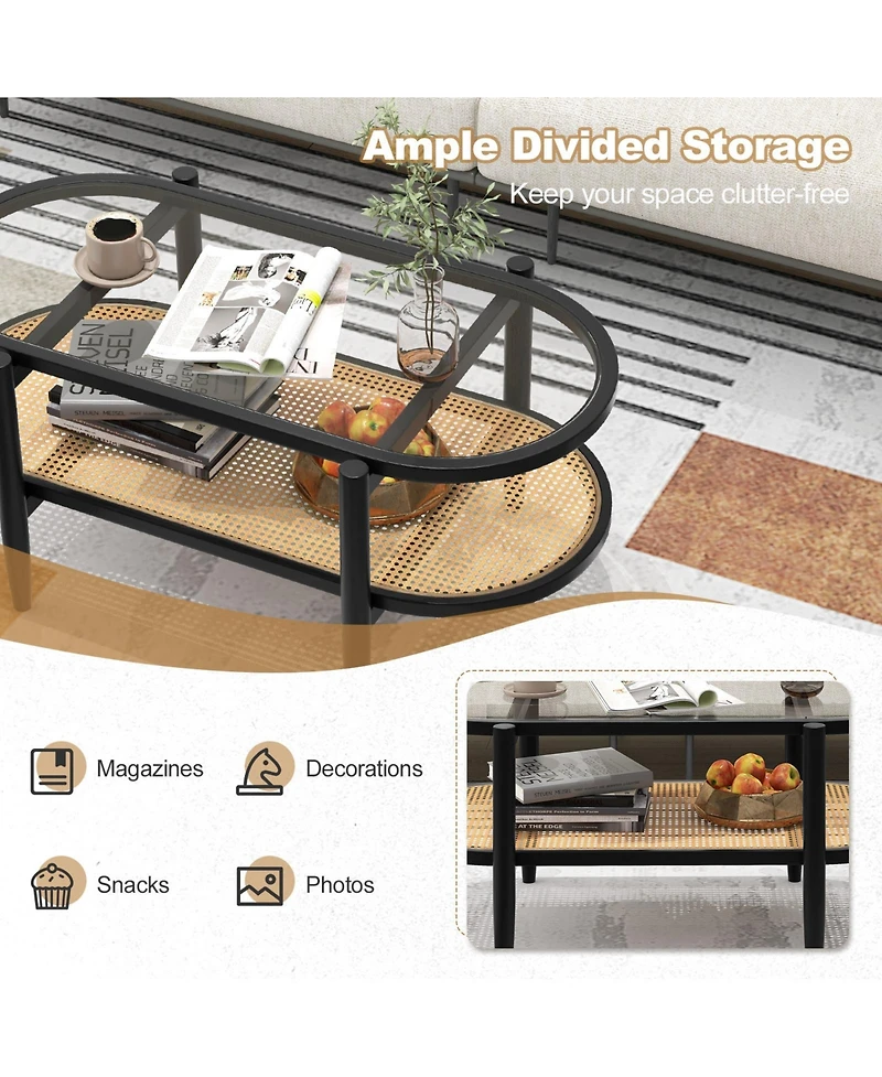 Sugift 2-Tier Coffee Table with Tempered Glass Tabletop and Acacia Wood Frame