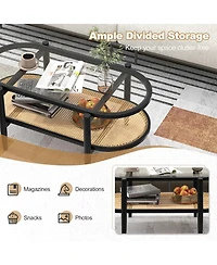 Sugift 2-Tier Coffee Table with Tempered Glass Tabletop and Acacia Wood Frame