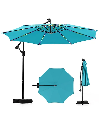 Sugift 10 Feet Solar Offset Hanging Umbrella with Base and Led Lights