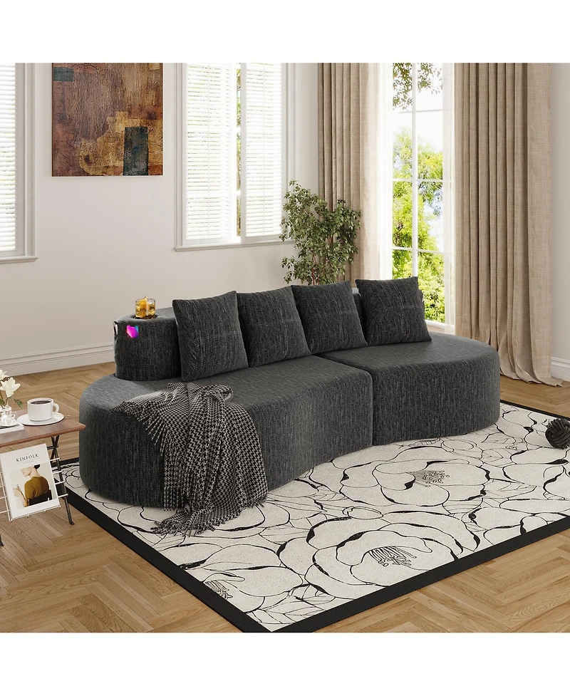 Rainsken 3-Person Modular Half Moon Sofa, Sleek Curved Sectional Couch with Chenille Fabric, Cup Holders and Side Storage Pockets for Living Room