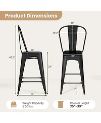 Gymax Metal Bar Stools Set of 4 24'' Counter Height Barstools with Backrests and Footrests