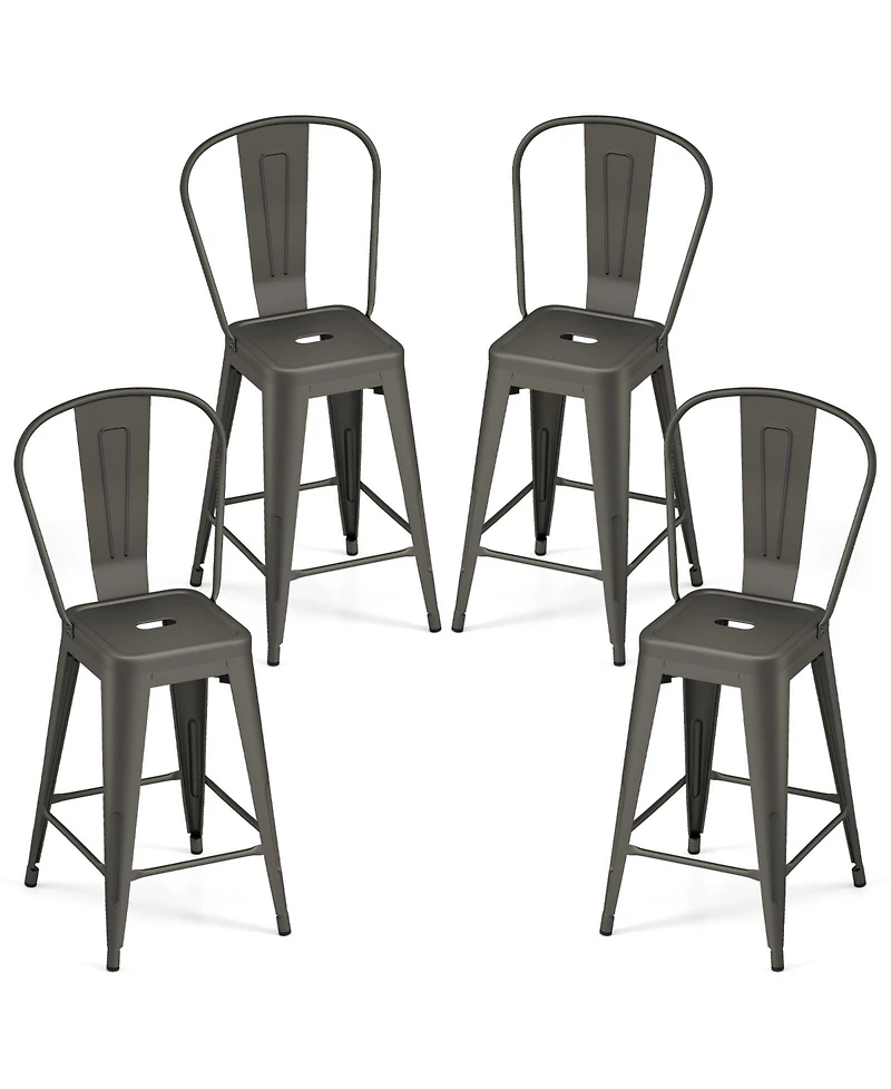 Gymax Metal Bar Stools Set of 4 24'' Counter Height Barstools with Backrests and Footrests