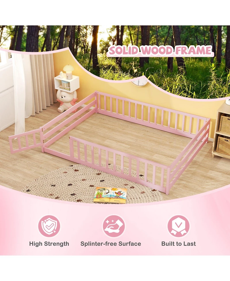 Slickblue Kids Floor Bed with Full Safety Guardrails, Low Height Platform Frame