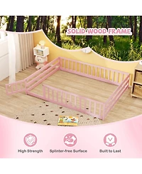 Slickblue Kids Floor Bed with Full Safety Guardrails, Low Height Platform Frame