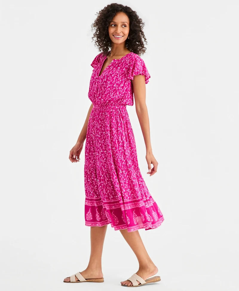 Style & Co Petite Printed Split-Neck Short-Sleeve Midi Dress, Macy's Exclusive