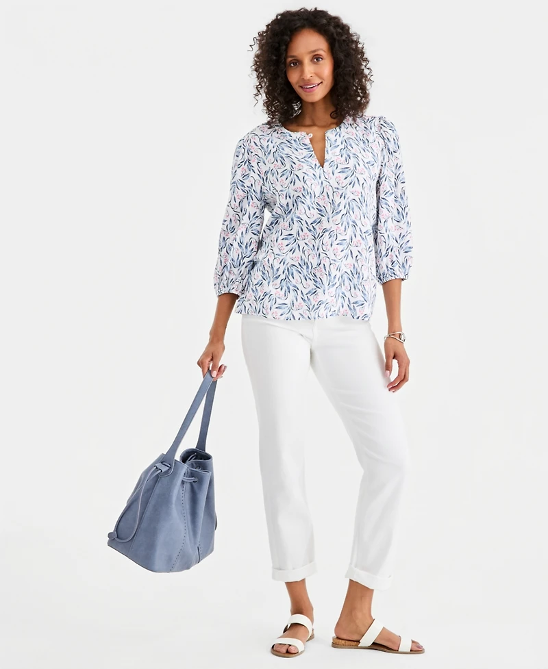 Style & Co Women's Printed Cotton Gauze 3/4-Sleeve Top, Macy's Exclusive