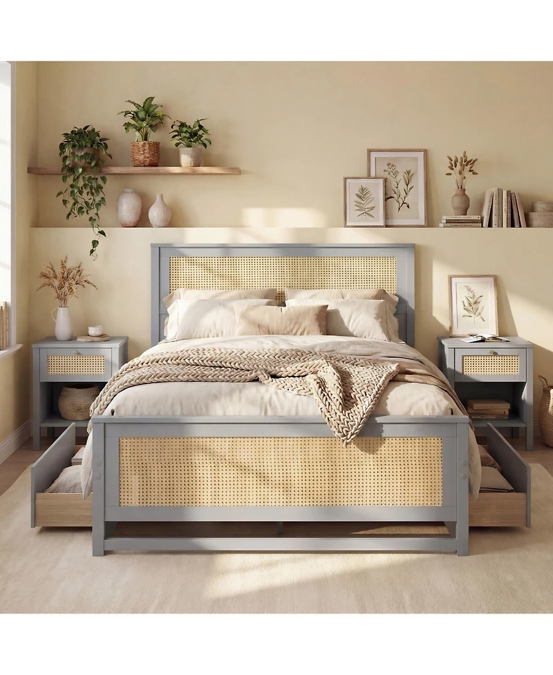 Slickblue Rattan Platform Bed Frame Full with Storage Drawers