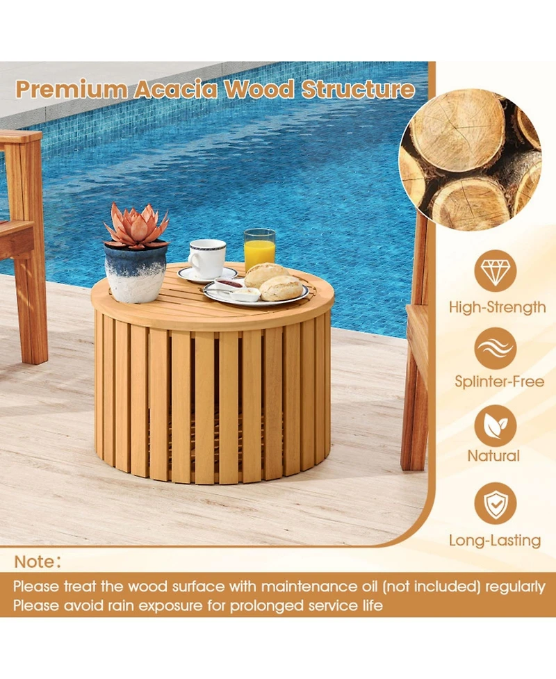 Sugift 2-in-1 Outdoor Side Table with Storage Acacia Wood Round Slatted End Table Storage Box