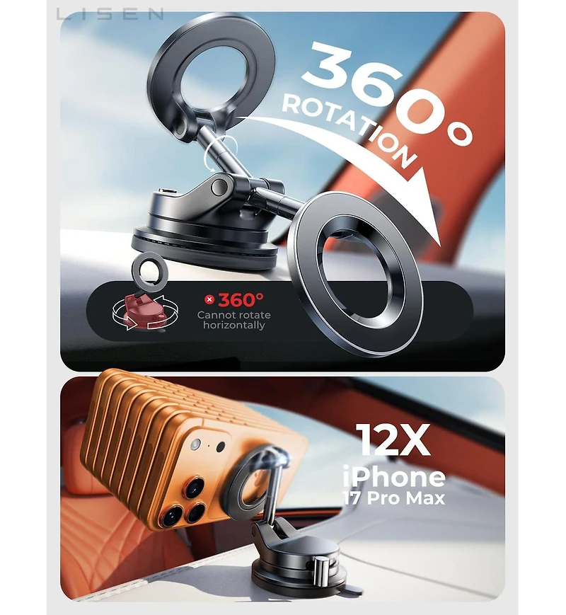 Lisen MagSafe Car Mount, Magnetic Phone Holder for Car, Strong Suction Cup Dashboard Mount with 360degree(s) Rotation, Compatible with iPhone Models