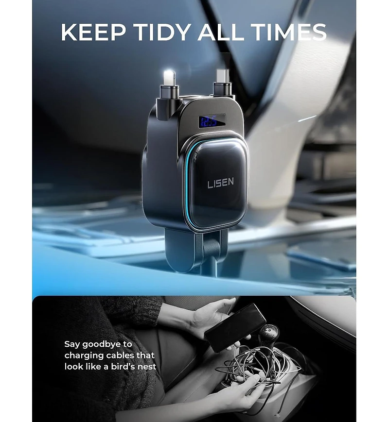 Lisen 96W Retractable Car Charger, 4-in-1 Fast Charging Adapter with Usb-c, Usb-a and Dual Cables for iPhone, Samsung, iPad, Android