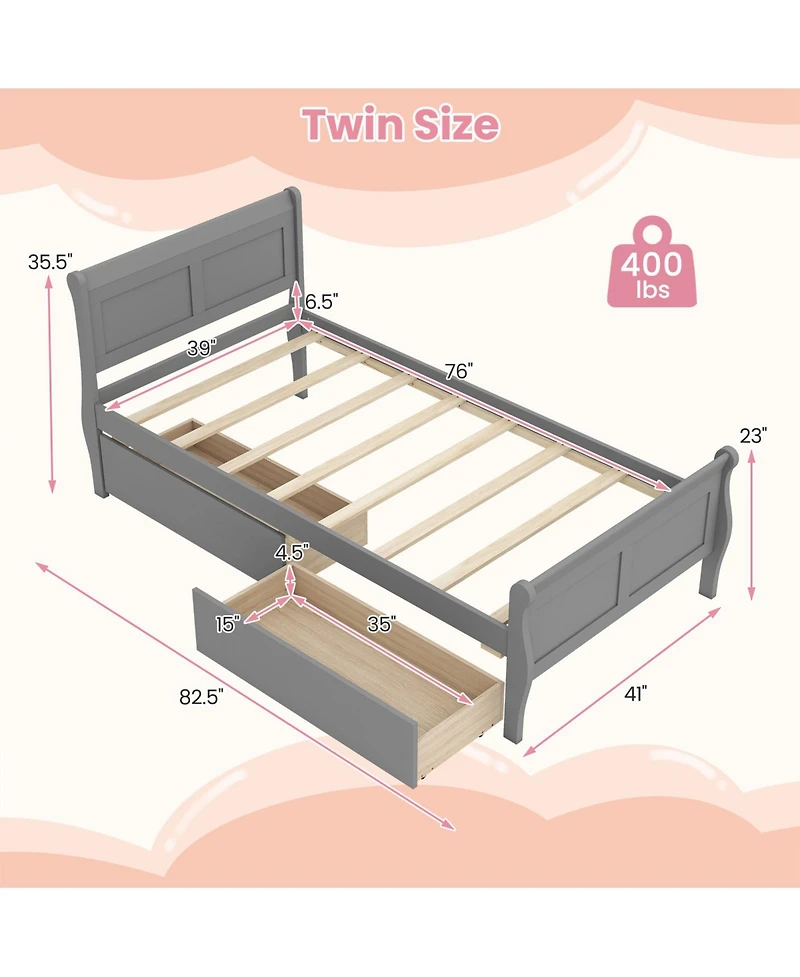 Slickblue Wood Sleigh Bed with Storage Drawers, Platform Frame Underbed