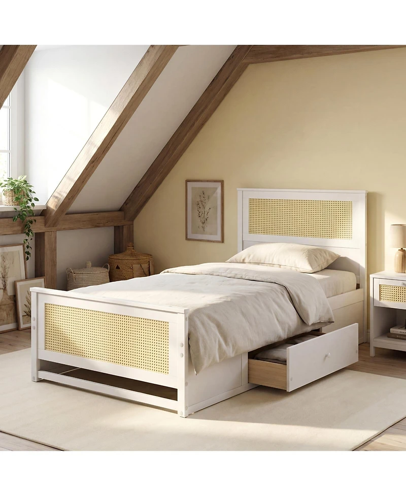 Slickblue Rattan Twin Bed Frame with Built-in Storage Drawers
