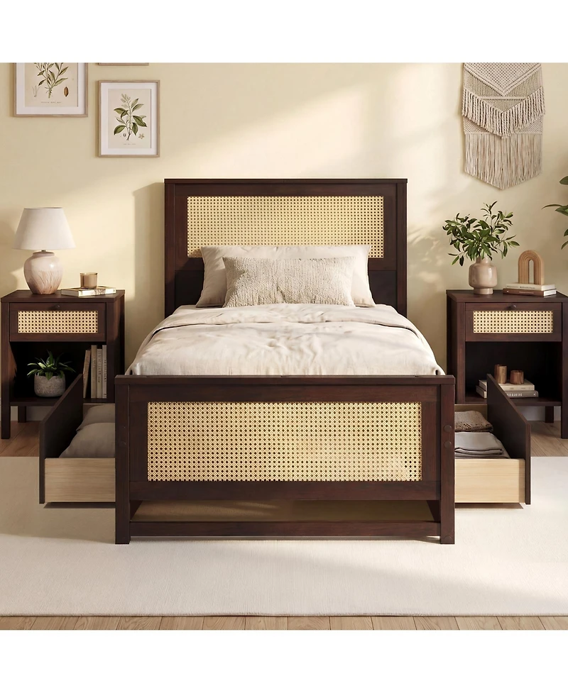 Slickblue Rattan Twin Bed Frame with Built-in Storage Drawers