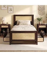Slickblue Rattan Twin Bed Frame with Built-in Storage Drawers