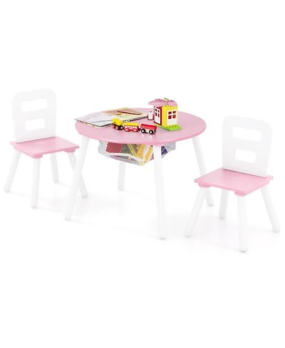 Sugift Wood Activity Kids Table and Chair Set with Center Mesh Storage for Snack Time and Homework