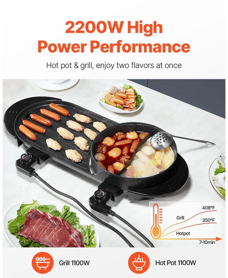 Ecooso 2200W 2-in-1 Electric Hot Pot with Grill, Dual Temperature Control, Nonstick Pan, Serves 1-6