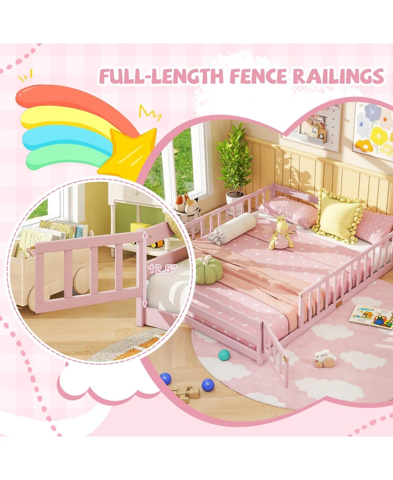 Slickblue Kids Floor Bed Frame with Full Length Guardrails, Montessori Style Safe Sleeping