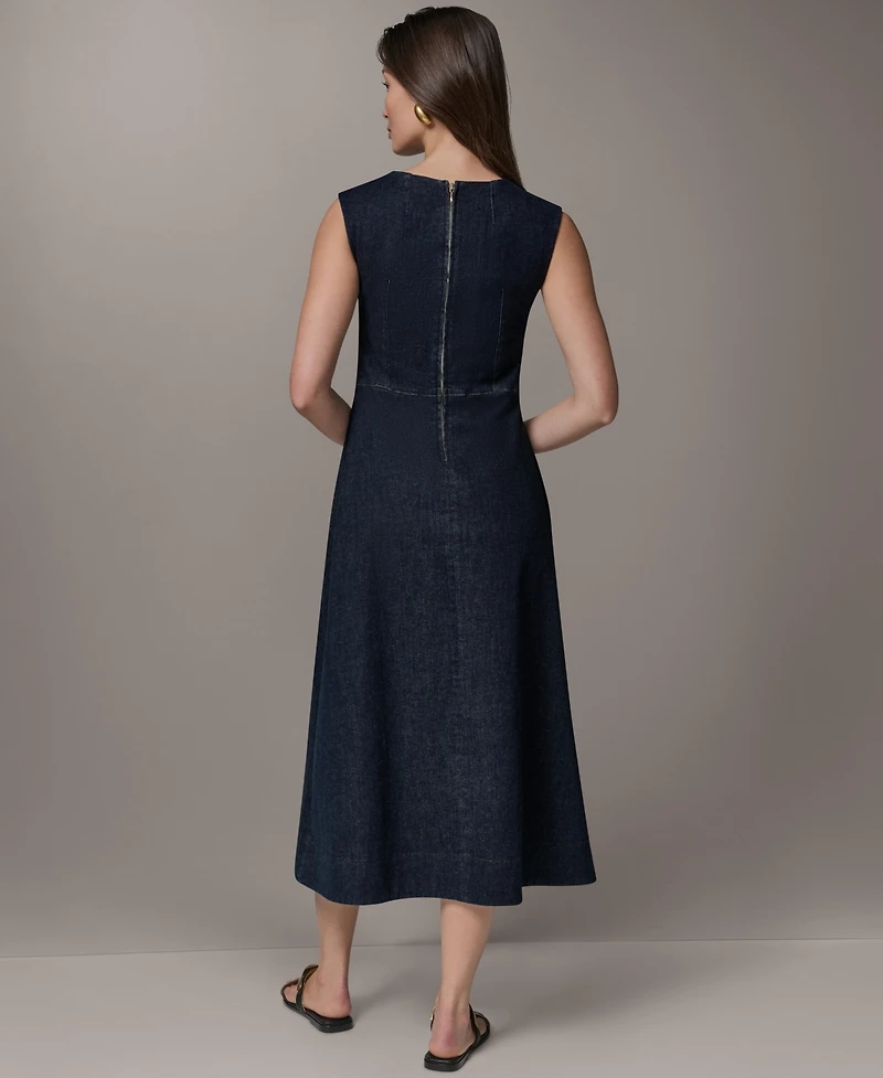 Donna Karan Weekend Women's Contrast Color Self-Belted V-Neck Midi Dress